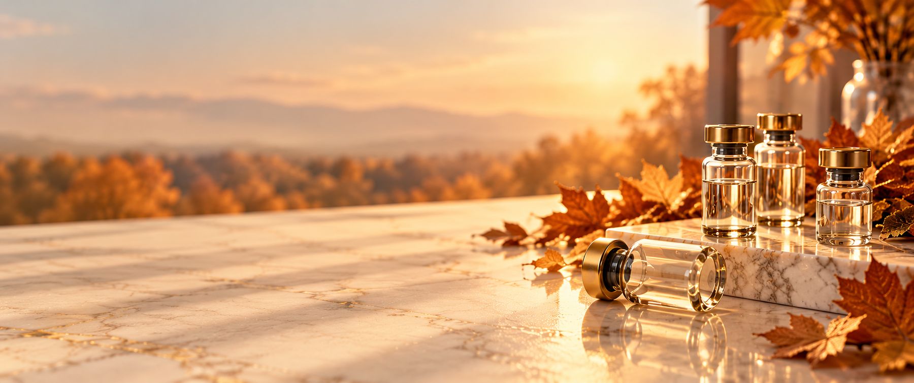 Gold-capped vials among autumn leaves